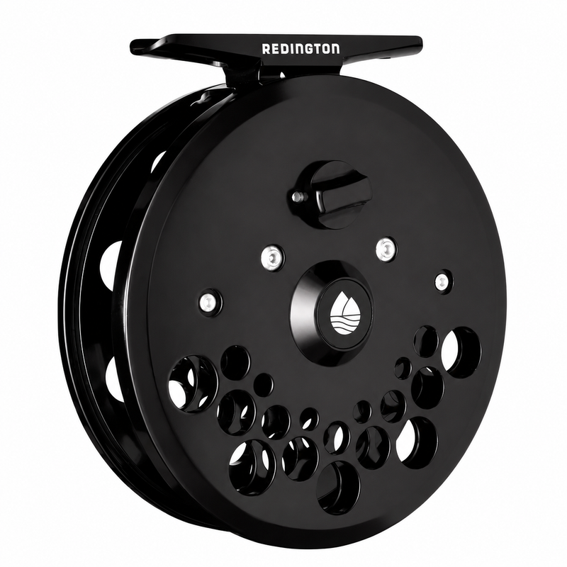Load image into Gallery viewer, Black fishing reel with perforated spool and top bar, front view
