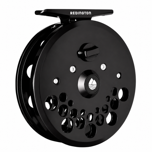 Black fishing reel with perforated spool and top bar, front view
