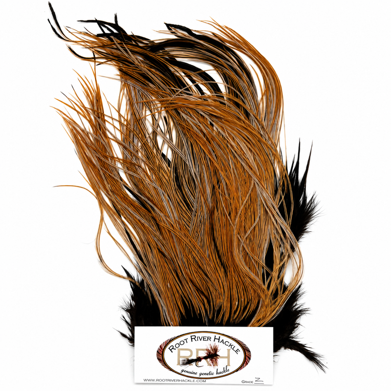 Load image into Gallery viewer, Root River Saddle feather tuft in dark brown and black with golden highlights
