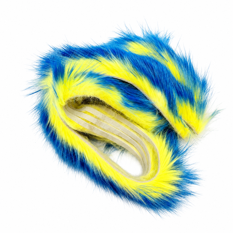 Load image into Gallery viewer, Rabbit fur fishing strips with blue and chartreuse yellow barred pattern
