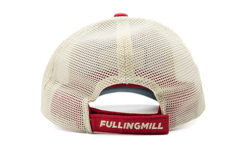 Load image into Gallery viewer, Red trucker hat with white mesh back and Fulling Mill logo on strap
