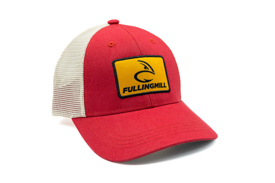 Red and white trucker hat with Fulling Mill logo patch on front