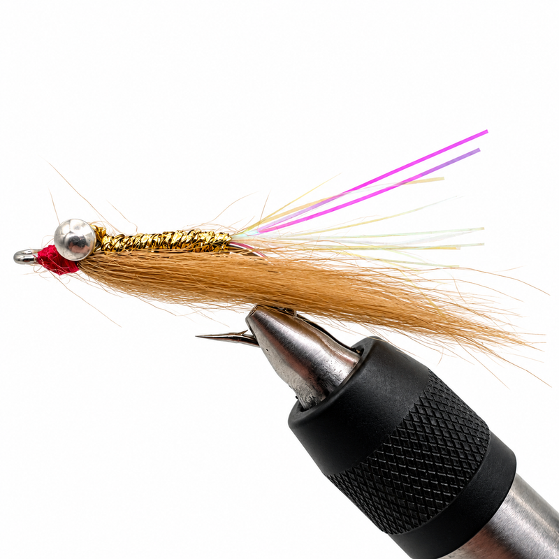 Load image into Gallery viewer, Fishing fly lure with tan marabou, gold sparkle body, red accent, silver bead
