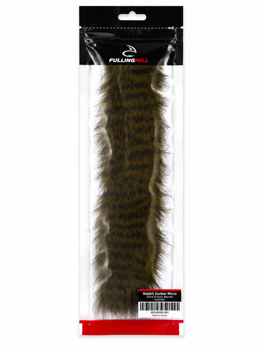 Micro rabbit zonker fur strip in dark olive, sealed in a hanging pouch
