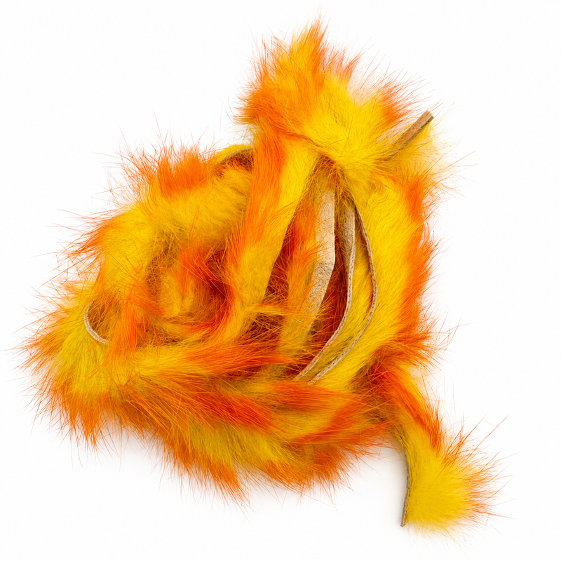 Load image into Gallery viewer, Rabbit fur strip, bright orange and yellow with striped pattern and yellow loops
