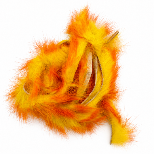 Rabbit fur strip, bright orange and yellow with striped pattern and yellow loops