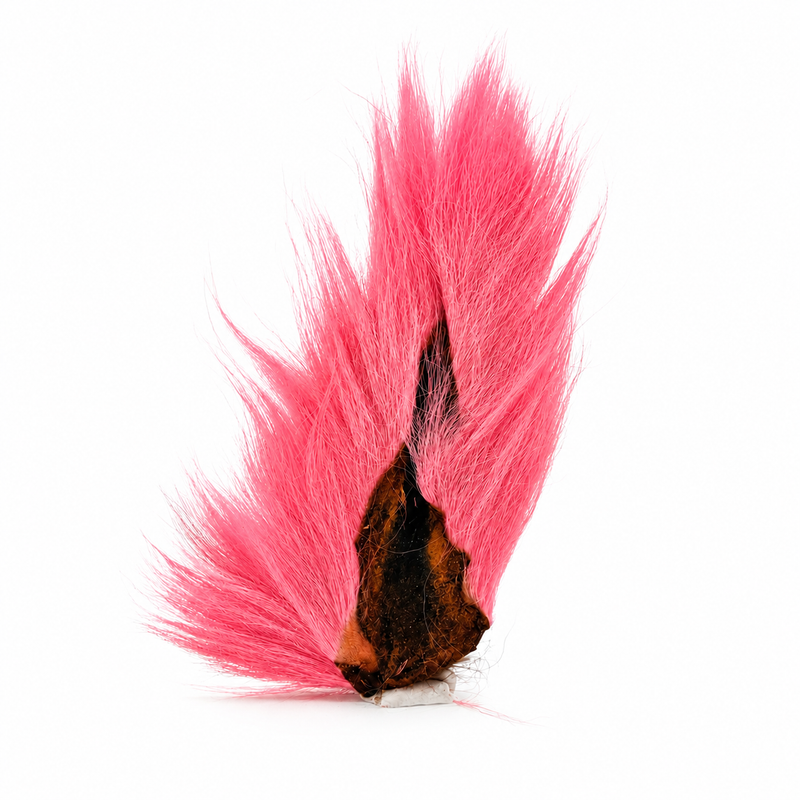 Load image into Gallery viewer, Red-pink bucktail lure with two long feather tails and dark base
