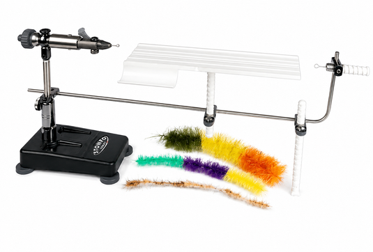 Fly tying dubbing brush device with multi-color bristle brushes and metal clamp stand