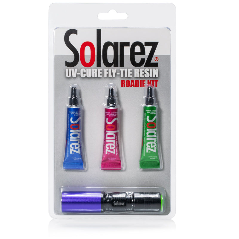 Load image into Gallery viewer, Roadie kit blister pack with three colored UV-cure tubes and a Solarez UV flashlight
