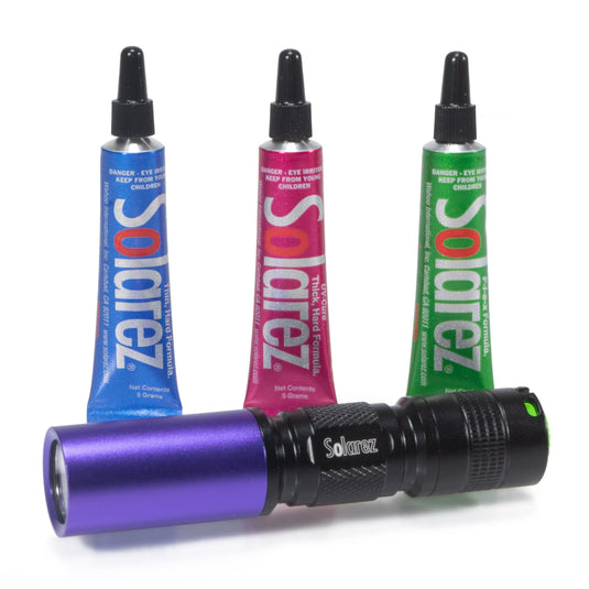 UV-cure fly-tie tubes with black Solarez UV flashlight, showing purple, blue, and green tubes
