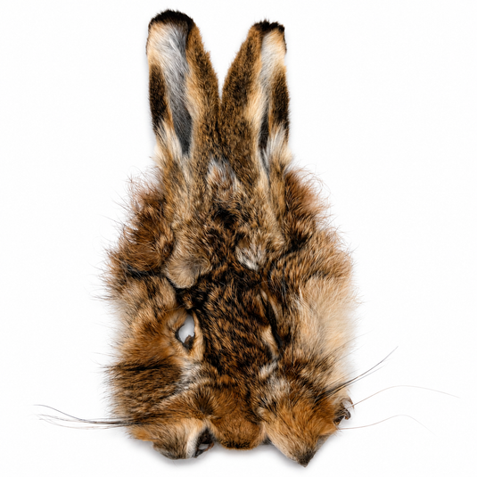 Hares mask with mottled brown and black fur, two upright ears, with small eye openings