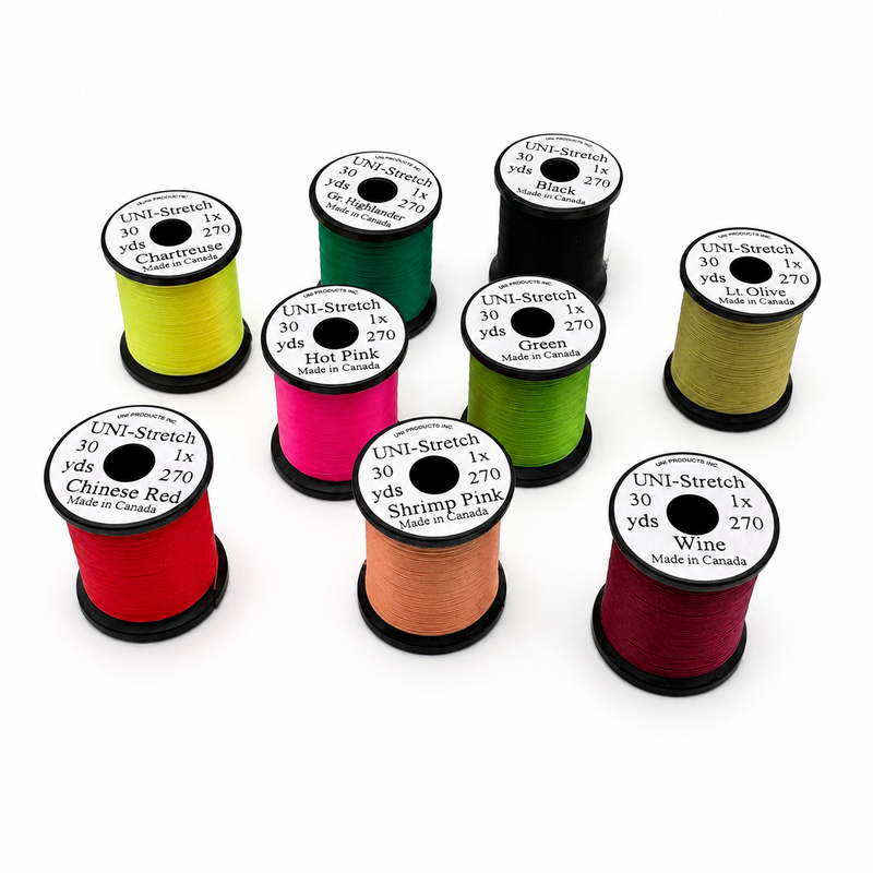 Load image into Gallery viewer, Set of multicolor stretch thread spools: chartreuse, hot pink, wine, green, shrimp pink
