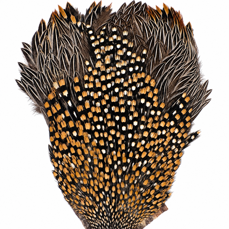 Load image into Gallery viewer, Jungle cock feather fan with dense black-and-white dots and warm orange-toned quill tips.
