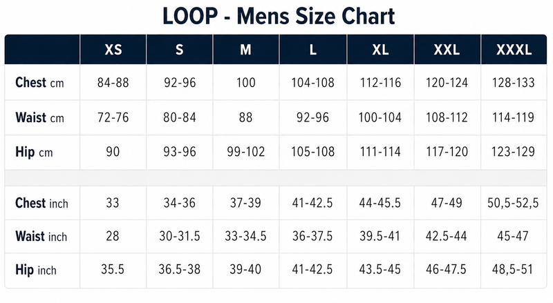 Load image into Gallery viewer, LOOP mens size chart with chest, waist, hip measurements in cm and in
