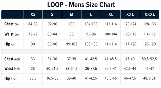 LOOP mens size chart with chest, waist, hip measurements in cm and in