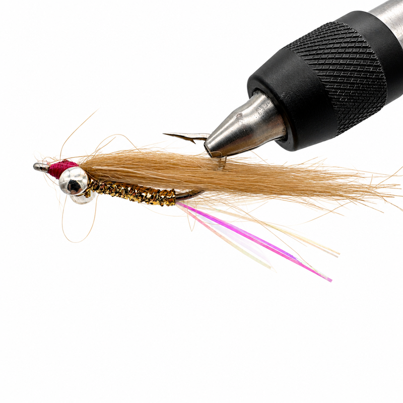 Load image into Gallery viewer, Fishing fly lure with tan hair, gold body, red head, and silver bead
