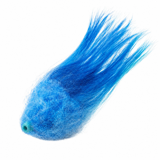 Curled fly-tying fibre, bright blue, loose strands.