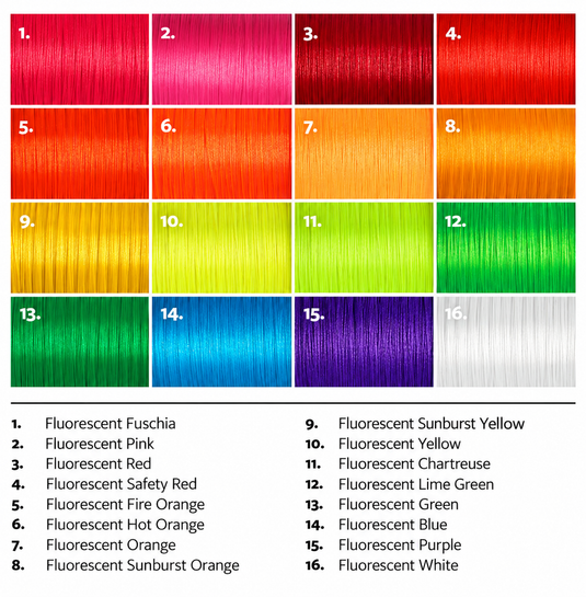 Fluorescent floss color chart with numbered thread swatches in bright shades