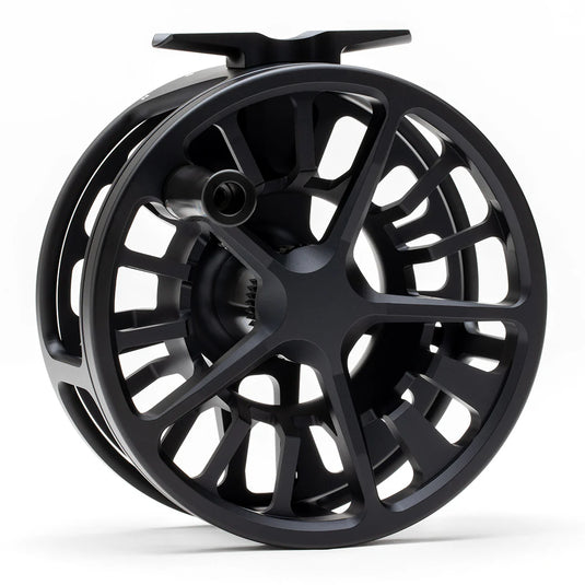 Fly fishing reel with dark black-and-gray arched spoked frame and center hub