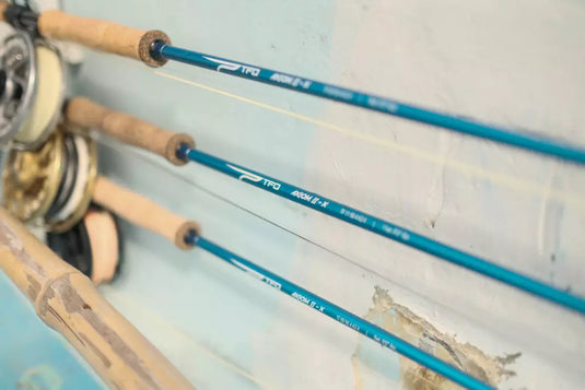 TFO Axiom II-X fishing rods, blue blanks with cork grips and reel seats