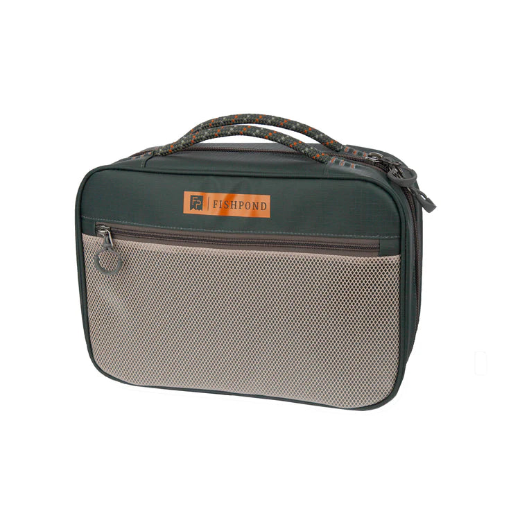 Load image into Gallery viewer, Fishpond fly tying kit bag with mesh front pocket, dark green and tan lining

