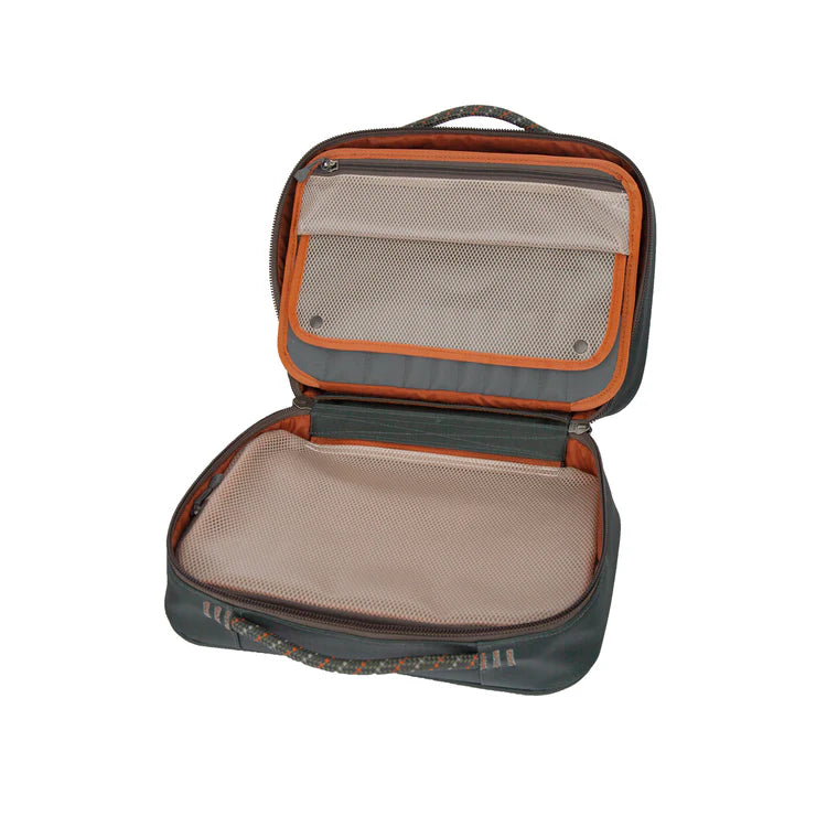 Load image into Gallery viewer, Open fly tying kit bag with cream mesh lid and dark green base
