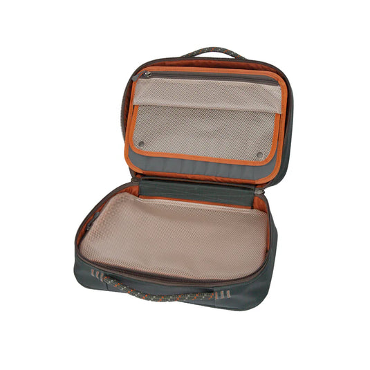 Open fly tying kit bag with cream mesh lid and dark green base
