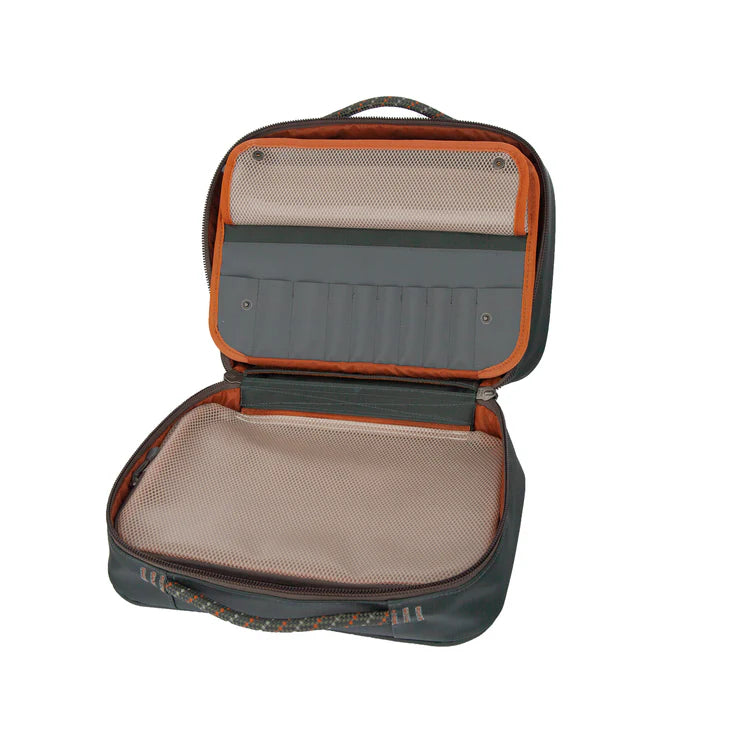 Load image into Gallery viewer, Orange-trim fly tying kit bag open with padded compartments and mesh panel
