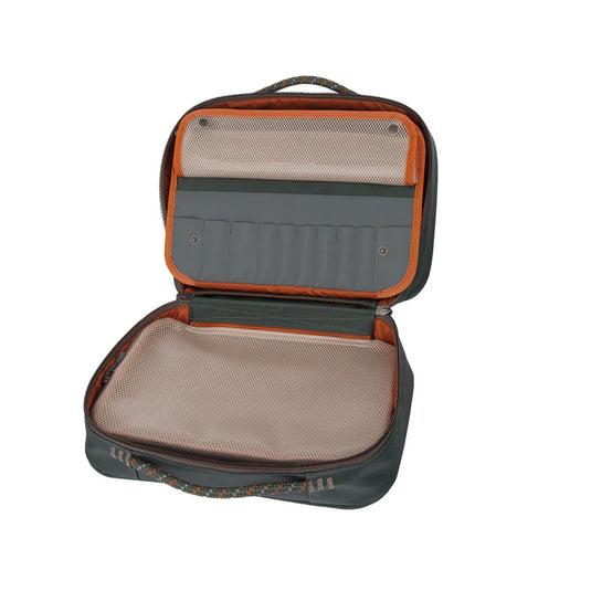 Orange-trim fly tying kit bag open with padded compartments and mesh panel