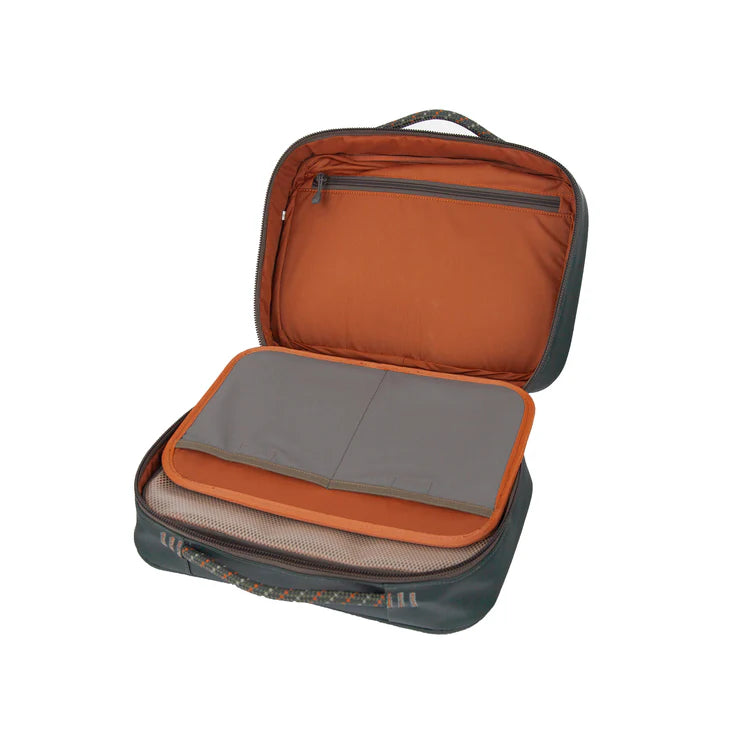 Load image into Gallery viewer, Orange and dark green fly tying kit bag open with gray interior and zipper pocket
