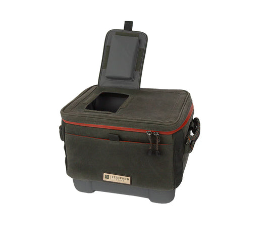 Duskwood cooler bag with lid open, red zipper trim, and carry strap