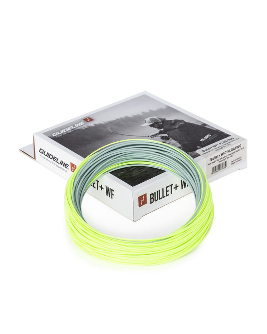 Neon yellow fly line spool in cardboard box, Bullet + WF