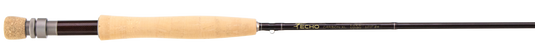 Fishing rod with tan cork handle, black shaft, and metal reel seat