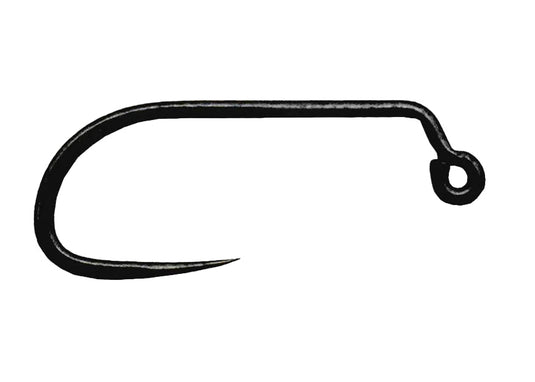 Matte black barbless jig hook with 60-degree bend and round eye