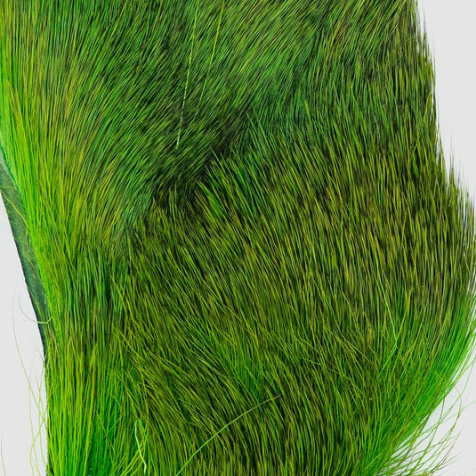 Bright green dyed deer hair patch with dense short fibers