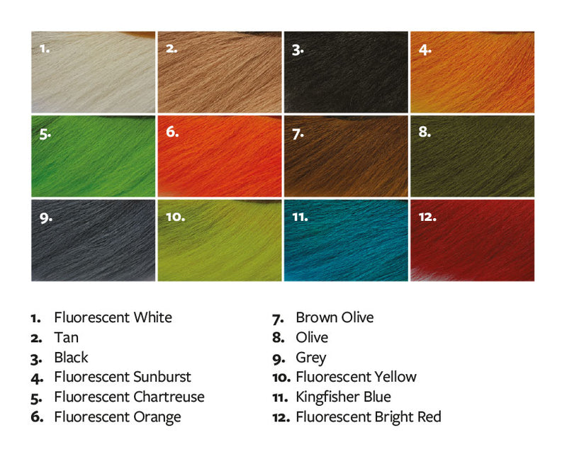 Load image into Gallery viewer, Deer belly hair color swatches: neon chartreuse, yellow, black, tan, orange, green

