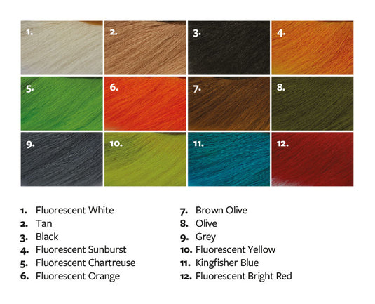 Deer belly hair color swatches: neon chartreuse, yellow, black, tan, orange, green