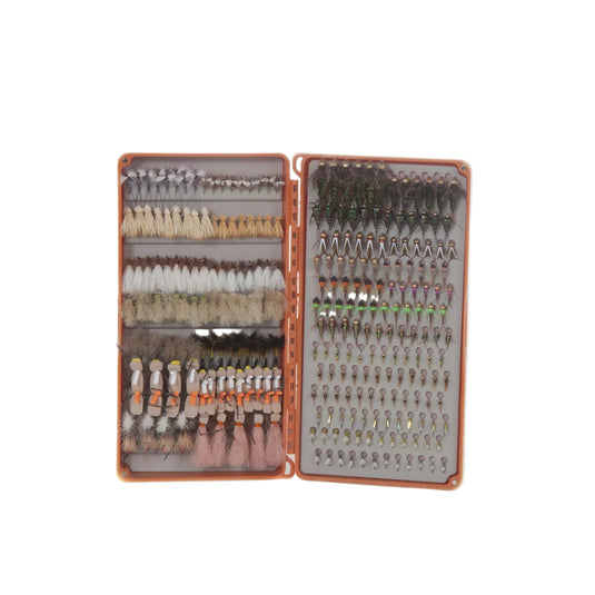 Fly tackle box with two-side compartment tray and assorted fishing lures and hooks