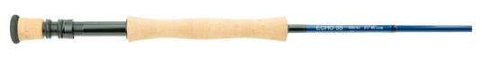Fly fishing rod with cork handle, silver shaft, and blue accents