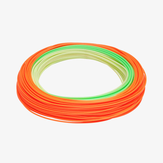 Coiled multi-color fly line in orange, green, and yellow loops