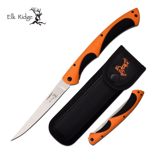 Folding fillet knife with orange handle and black textured sheath