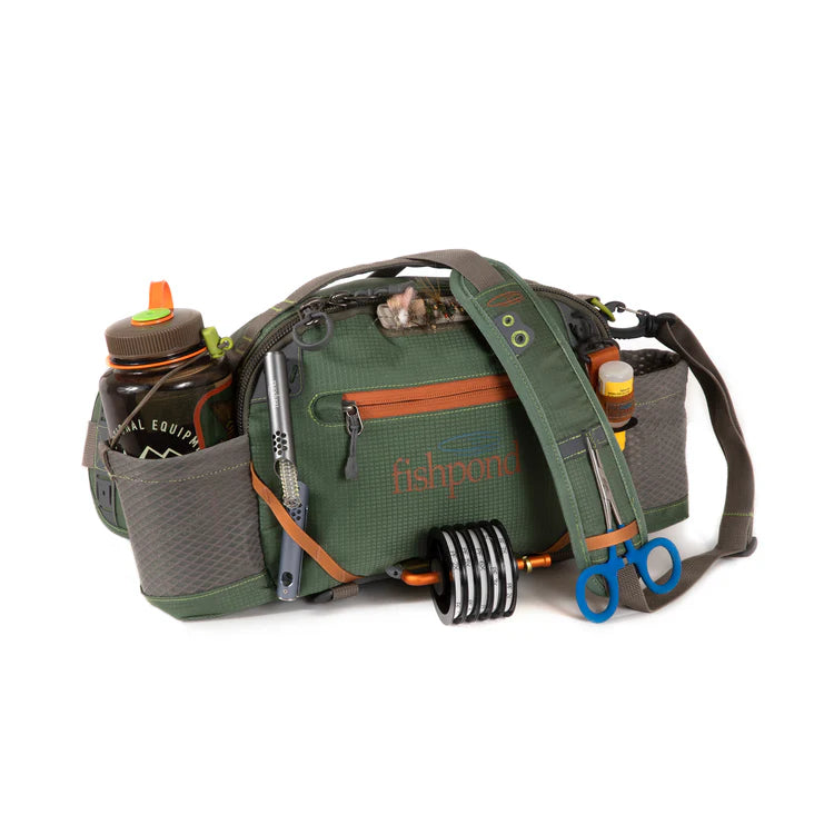 Load image into Gallery viewer, Lumbar fishing pack in green with orange stripe, front pouches, and coiled accessory
