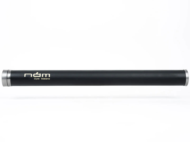 Load image into Gallery viewer, Fishing rod storage tube, black with silver ends and nm logo
