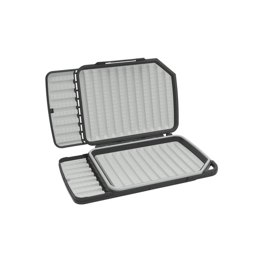 Tactical fly box with hinged compartments, open view showing grey foam inserts