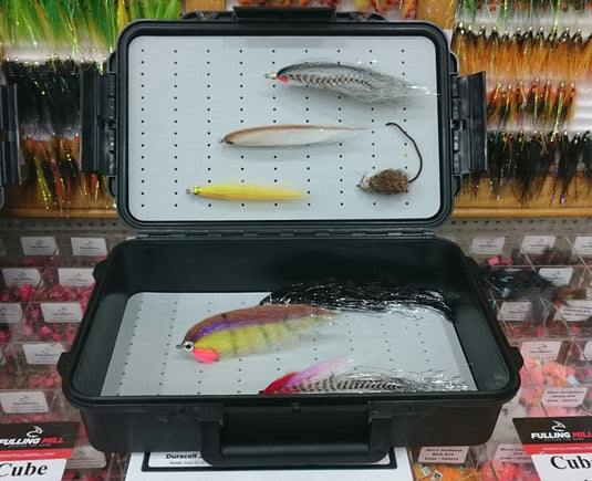 Fulling Mill XTREME fly box open with foam insert and three wet flies