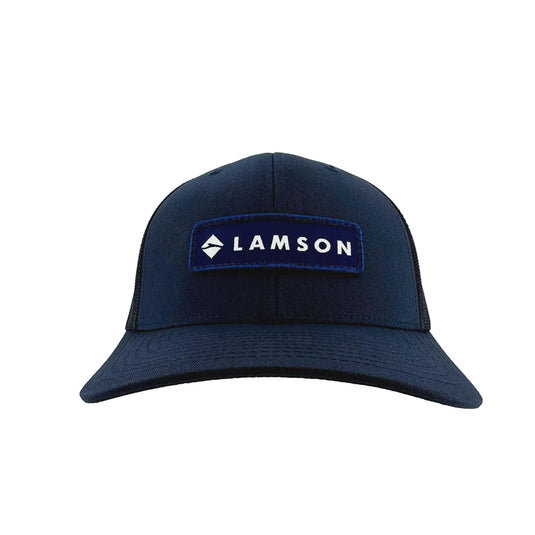 Lamson midnight trucker hat with front logo patch and curved brim