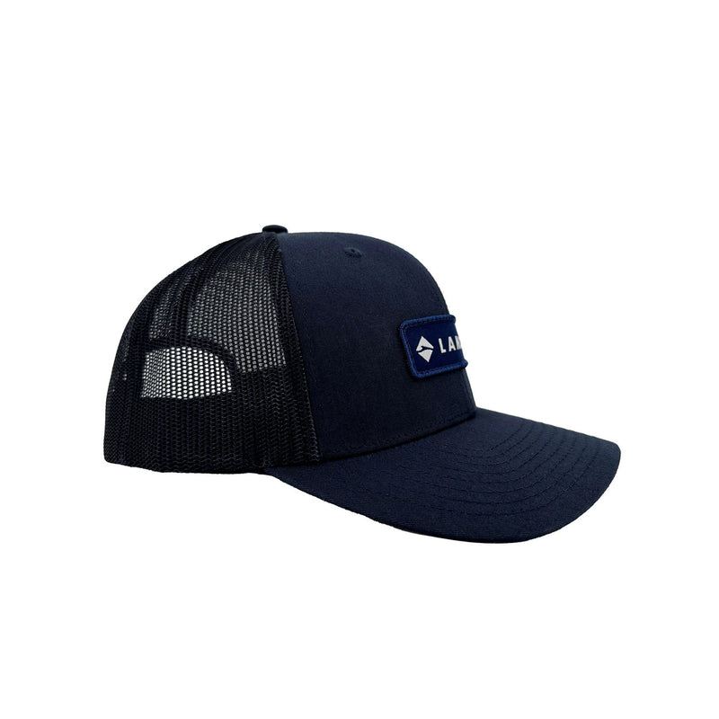 Load image into Gallery viewer, Lamson midnight trucker hat with mesh side panels and logo patch
