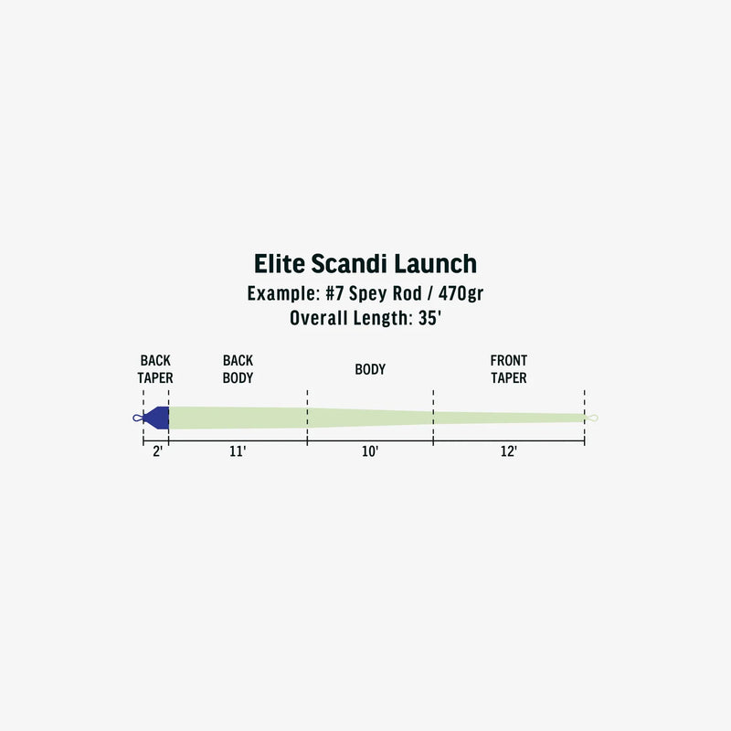 Load image into Gallery viewer, Elite Scandi Launch shooting head diagram showing front taper and overall length 35'
