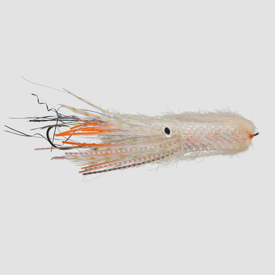 Squid-style fishing lure, cream with orange accents, black eye, dangling tentacles