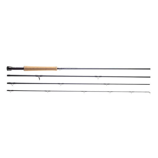 Fishing rod with cork handle and line guides along the shaft